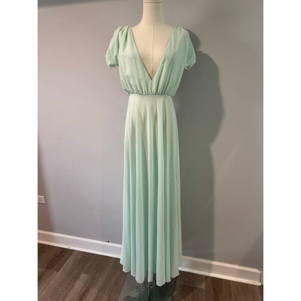 Women's Teal Gown Dress Short Sleeve Chiffon Split Open Back Size 36